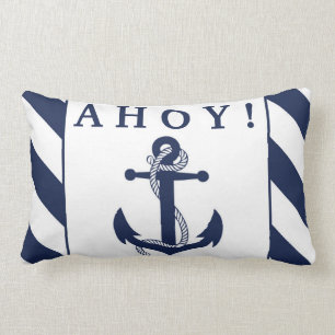 Ahoy! Nautical Anchor Navy Blue & White Stripes Lumbar Pillow