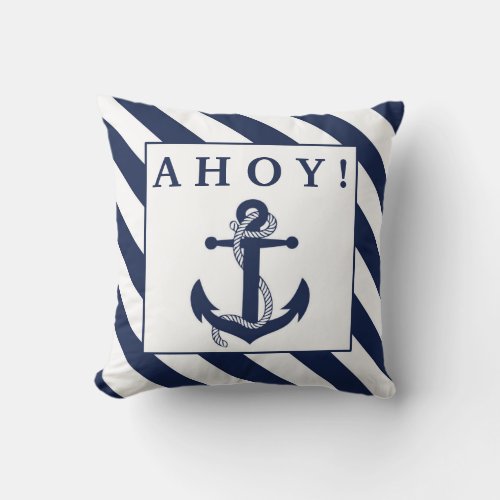 Ahoy Nautical Anchor Navy Blue  White Stripes Throw Pillow