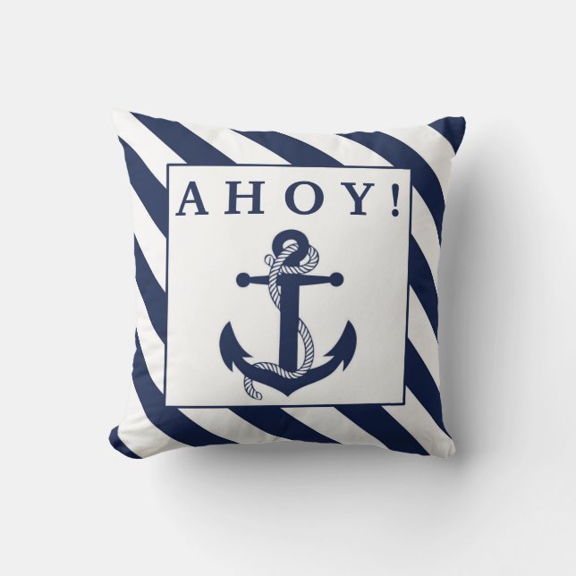 Ahoy! Nautical Anchor Navy Blue & White Stripes Throw Pillow (Front)