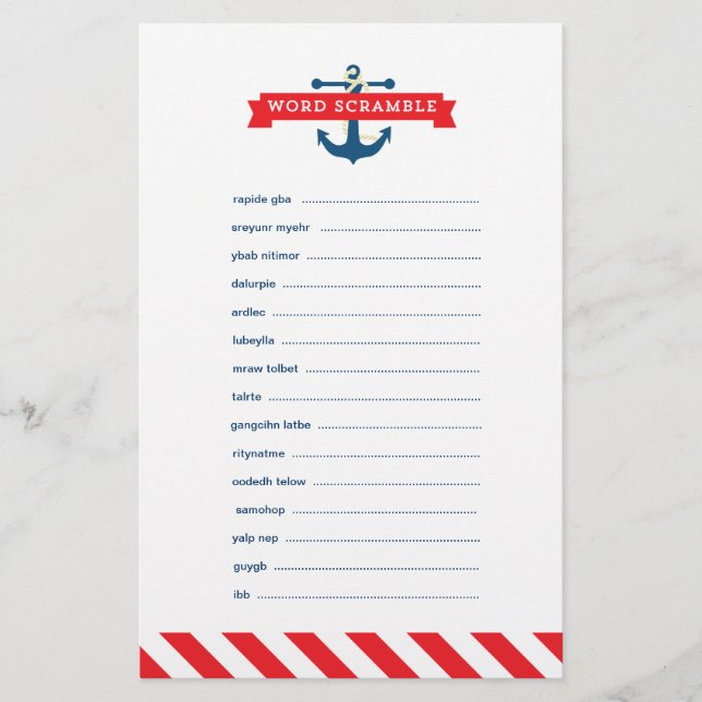 Ahoy! Nautical Baby Shower Word Scramble Game (Front)