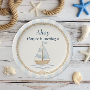 Ahoy Nautical Birthday Blue Sailboat Paper Plates