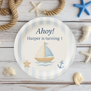 Ahoy Nautical Birthday Blue Sailboat Paper Plates