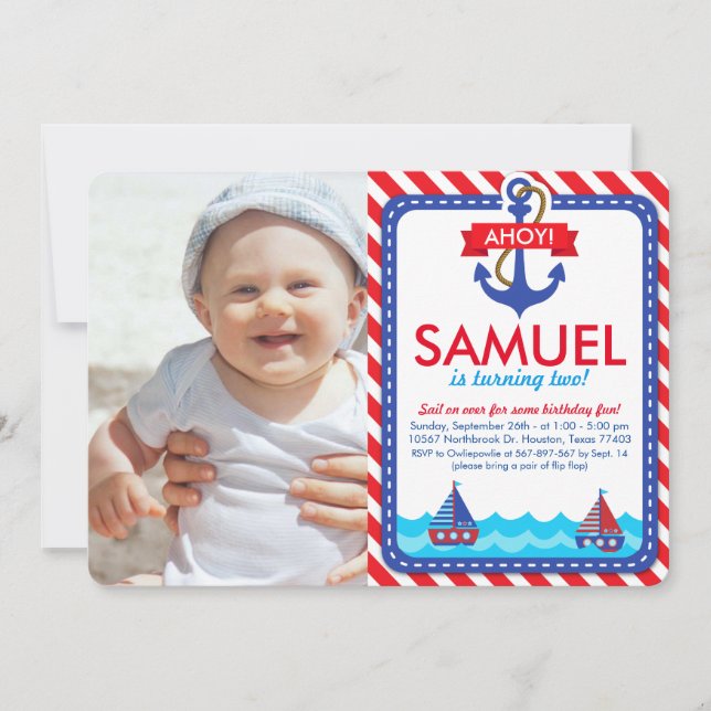 AHOY! Nautical Birthday Party Photo Invitation (Front)
