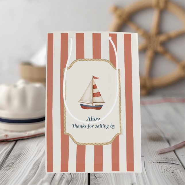 Ahoy Nautical Birthday | Red Stripes & Sailboat  Medium Gift Bag (Creator Uploaded)