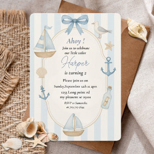 Ahoy Nautical Blue Birthday Pastel Sailboat Invitation