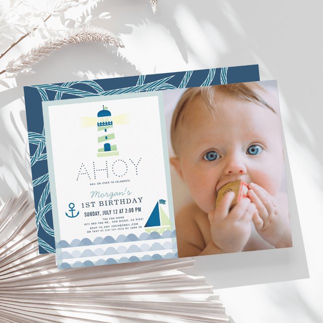 Ahoy Nautical Blue Boy Photo 1st Birthday Invitation (Creator Uploaded)