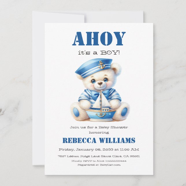 Ahoy Nautical Blue Sailor Bear Boy Baby Shower Invitation (Front)