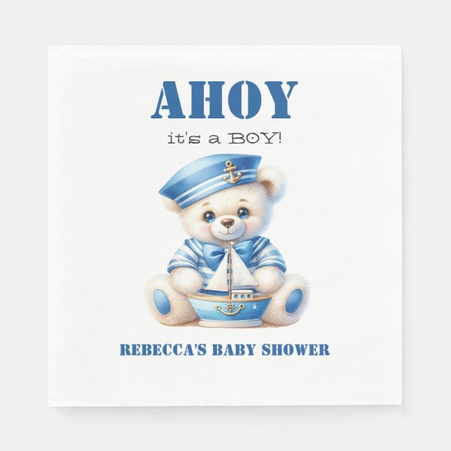 Ahoy Nautical Blue Sailor Bear Boy Baby Shower Napkins (Front)