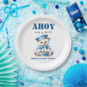 Ahoy Nautical Blue Sailor Bear Boy Baby Shower Paper Plates