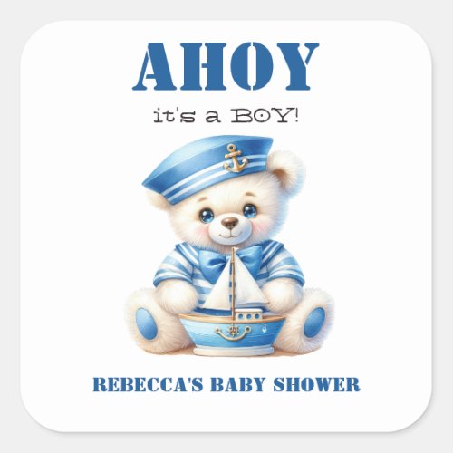 Ahoy Nautical Blue Sailor Bear Boy Baby Shower Square Sticker