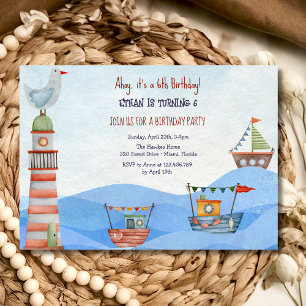 Ahoy Nautical kids watercolor birthday Invitation