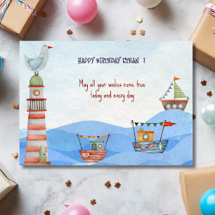Ahoy Nautical kids watercolor happy birthday Card