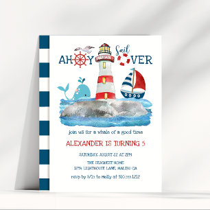 Ahoy Nautical Lighthouse Sailboat Whale Birthday Invitation
