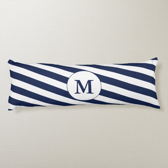 Ahoy! Nautical Monogram Navy Blue & White Stripes Body Pillow (Back)