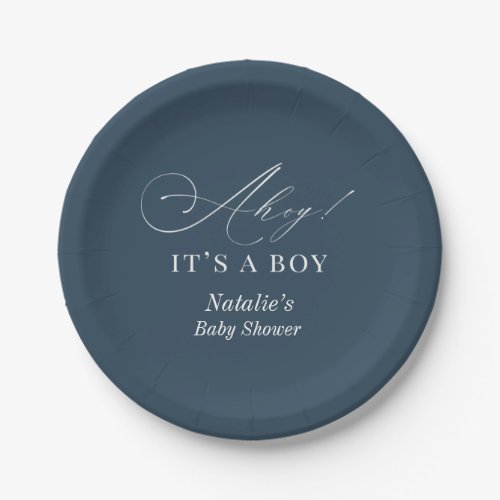 Ahoy Nautical Navy Blue Baby Shower Paper Plate