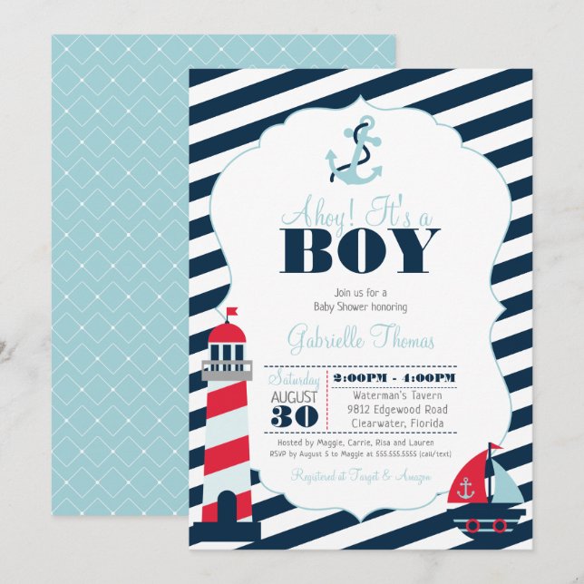 Ahoy Nautical Navy Blue Stripe Boy Baby Shower Invitation (Front/Back)