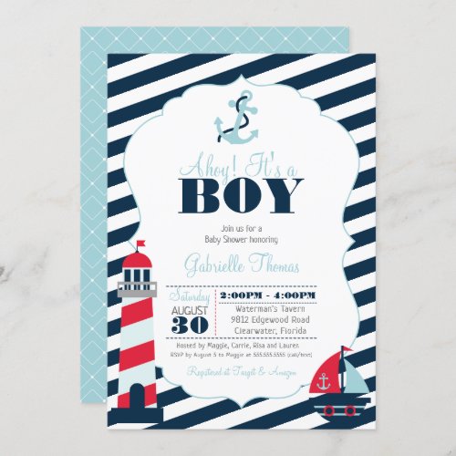 Ahoy Nautical Navy Blue Stripe Boy Baby Shower Invitation