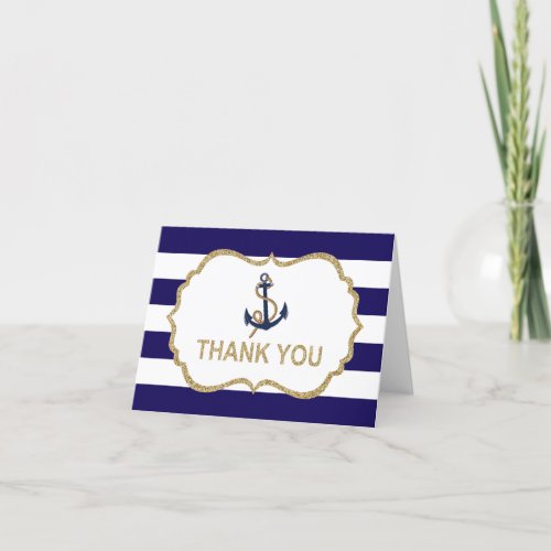 Ahoy Nautical Navy Blue Stripes Thank You Card