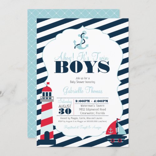 Ahoy Nautical Navy Blue Twin Boy Baby Shower Invitation