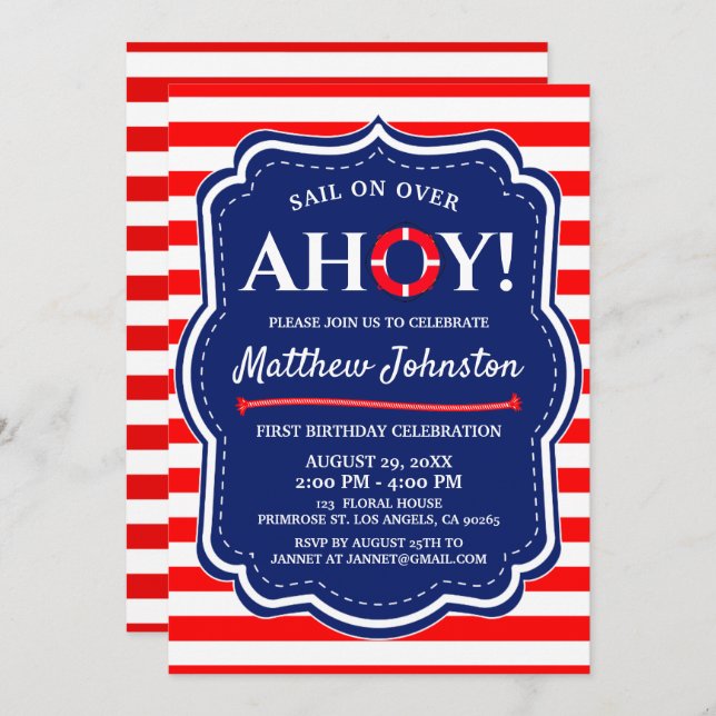 Ahoy Nautical Ocean Navy Blue Coastal Boy Birthday Invitation (Front/Back)