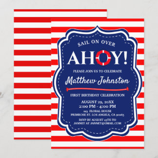 Ahoy Nautical Ocean Navy Blue Coastal Boy Birthday Invitation