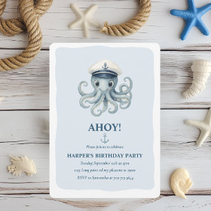 Ahoy Nautical Octopus Birthday Ocean Sailor Invitation