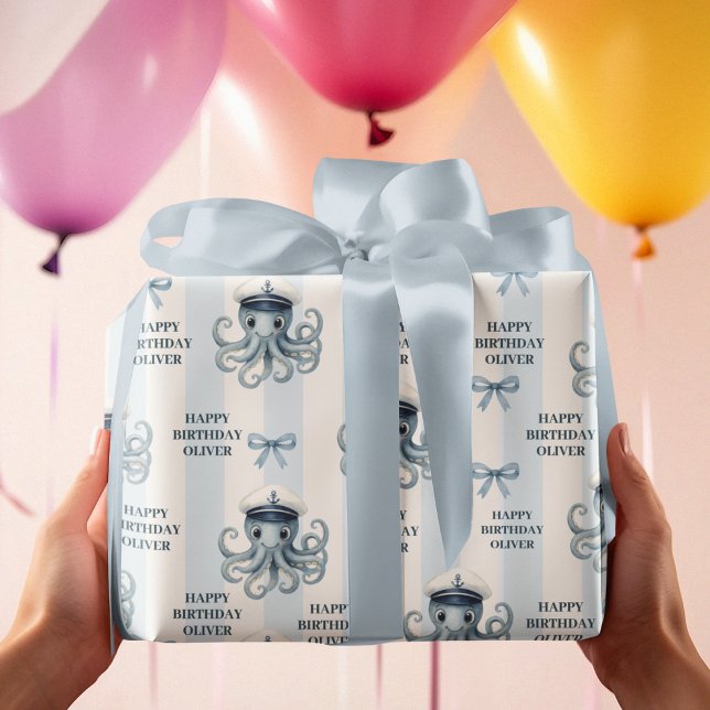 Ahoy Nautical Octopus Personalized Birthday Wrapping Paper (Creator Uploaded)