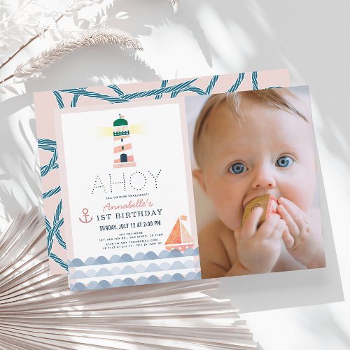 Ahoy Nautical Pink Girl Photo 1st Birthday Invitation