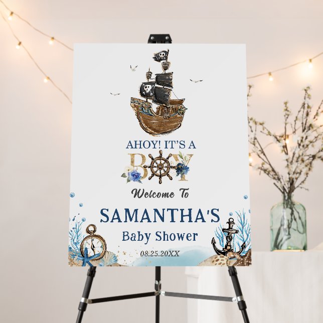 Ahoy Nautical Pirate Ship Boy Baby Shower Welcome Foam Board (In Situ (Stand))