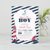 Ahoy Nautical Red Navy Stripe Boy Baby Shower Invitation (Standing Front)