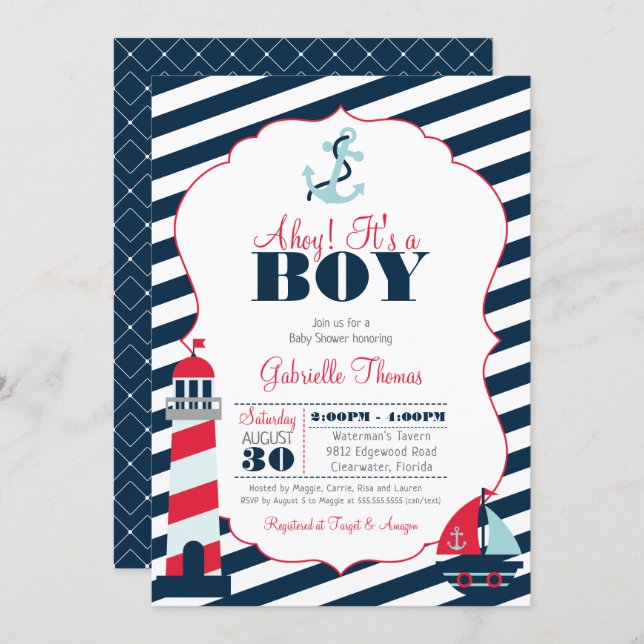 Ahoy Nautical Red Navy Stripe Boy Baby Shower Invitation (Front/Back)