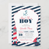 Ahoy Nautical Red Navy Stripe Boy Baby Shower Invitation (Front)
