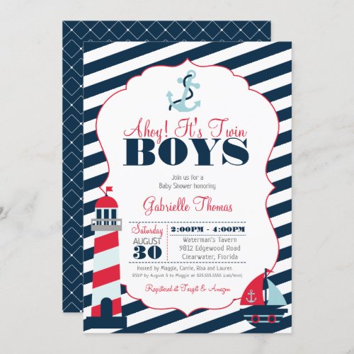 Ahoy Nautical Red Navy Stripe Twin Boy Baby Shower Invitation