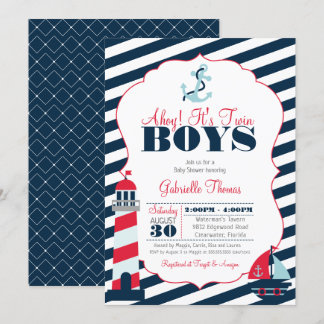 Ahoy Nautical Red Navy Stripe Twin Boy Baby Shower Invitation