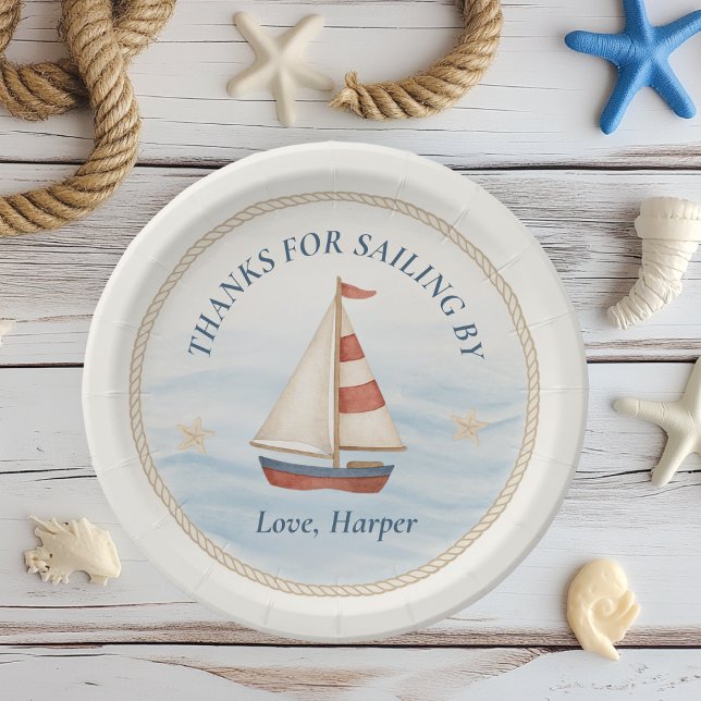Ahoy Nautical Sailboat Birthday | Blue & Red Paper Plates (Creator Uploaded)