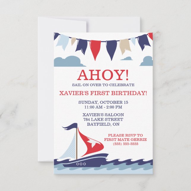 AHOY!  Nautical Sailing Birthday Party  Invitation (Front)