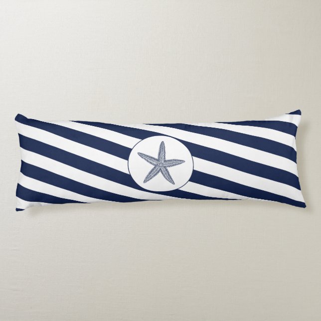 Ahoy! Nautical Starfish Navy Blue & White Stripes Body Pillow (Back)