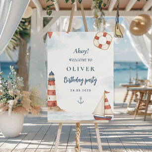 Ahoy Nautical Welcome Sign Blue Sailboat