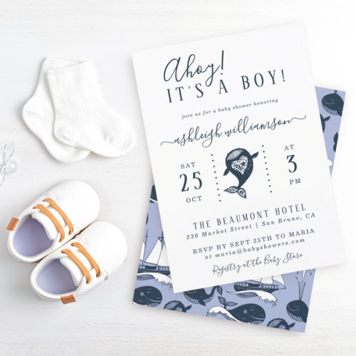 Ahoy Nautical Whale Baby Boy Shower Invitation