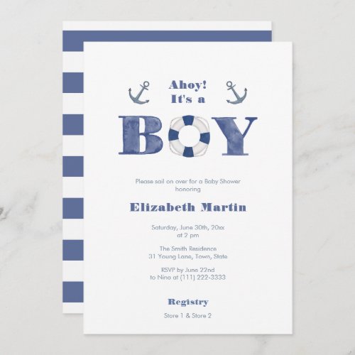 Ahoy Navy Blue And White Nautical Boy Baby Shower Invitation