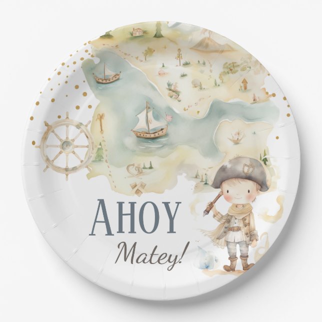 Ahoy Pirate Adventure Fourth Birthday  Paper Plates (Front)
