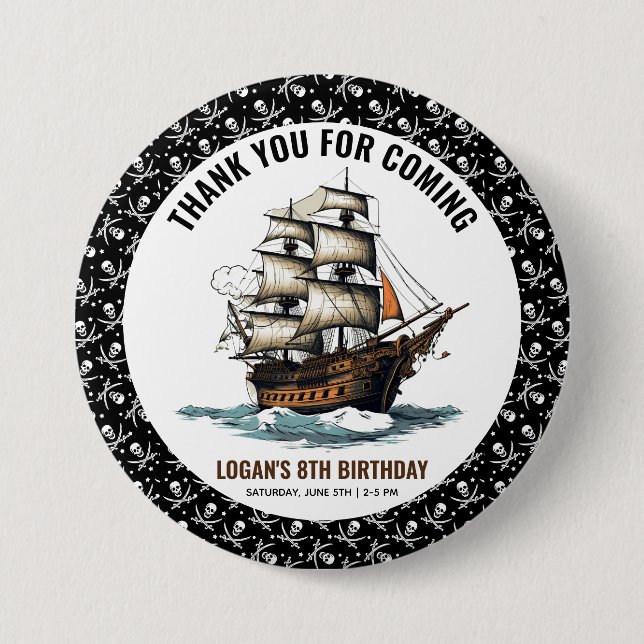 Ahoy! Pirate Ship 8th Birthday  Button (Front)