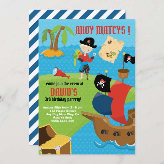 Ahoy! Pirate Ship Boy Pirate Birthday Party Invitation (Front/Back)