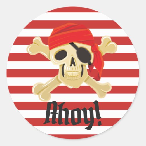 Ahoy Pirate Skull Red Stripes Classic Round Sticker