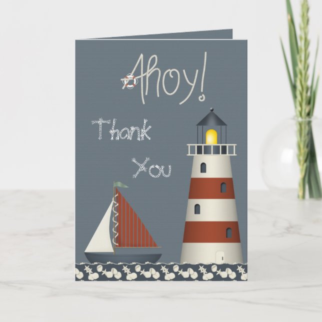 Ahoy Sail Boat & Lighthouse Thank You Card (Front)