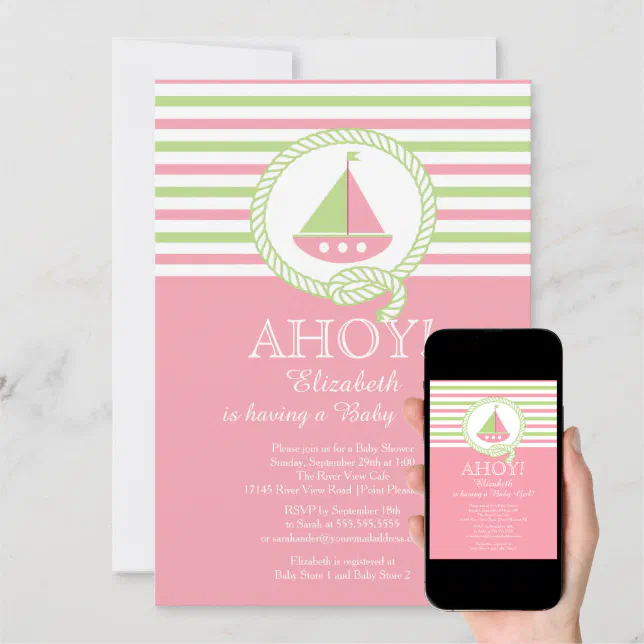 Ahoy Sailboat Nautical Girl Baby Shower Invitation Zazzle