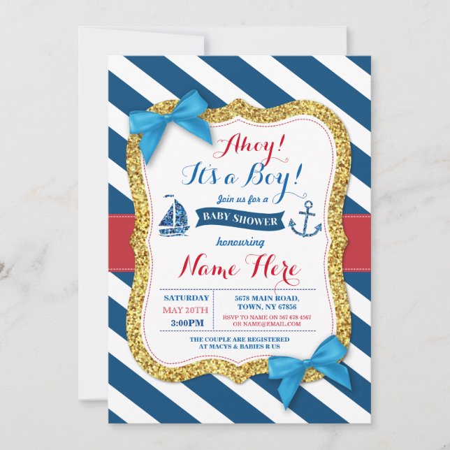 Ahoy Sailor Anchor Baby Shower Blue Boy Invite (Front)