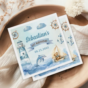 Ahoy Sailor Nautical Boat Blue 1st Birthday Napkins