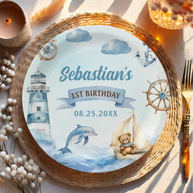 Ahoy Sailor Nautical Boat Blue 1st Birthday  Paper Plates (Creator Uploaded)