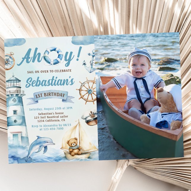 Ahoy Sailor Nautical Boat Blue 1st Birthday Photo Invitation (Creator Uploaded)